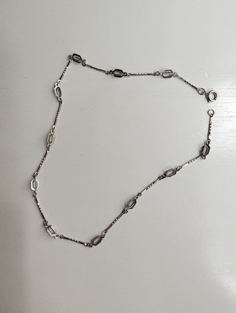 Silver Twisted Bar Hexagonal Link Chain Choker Necklace 15.5" Geometric Jewelry